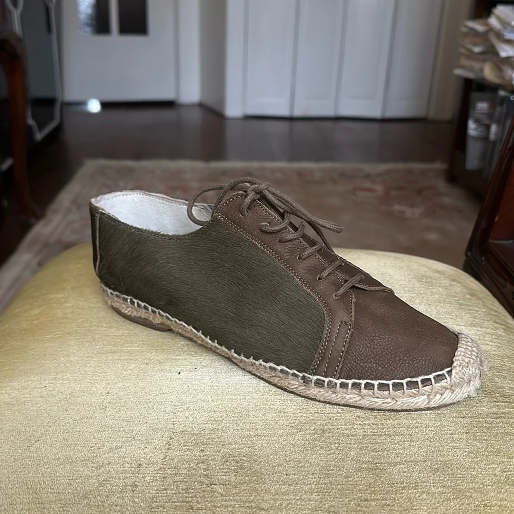 Anthropologie KMB Jorinda Espadrille Sneakers Leather Calf Hair Olive Brown Sz 9